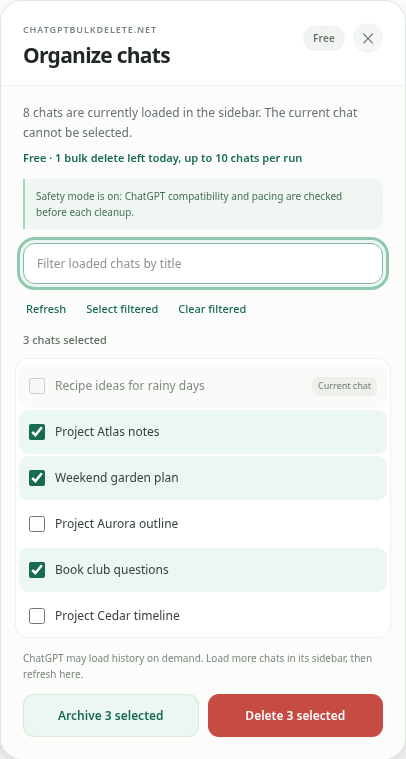 Search titles, select a batch, and see the current chat excluded automatically.