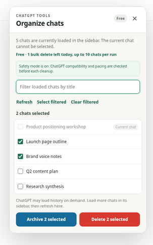 Actual extension selector showing sample chats, selected count, current chat protection and delete or archive buttons